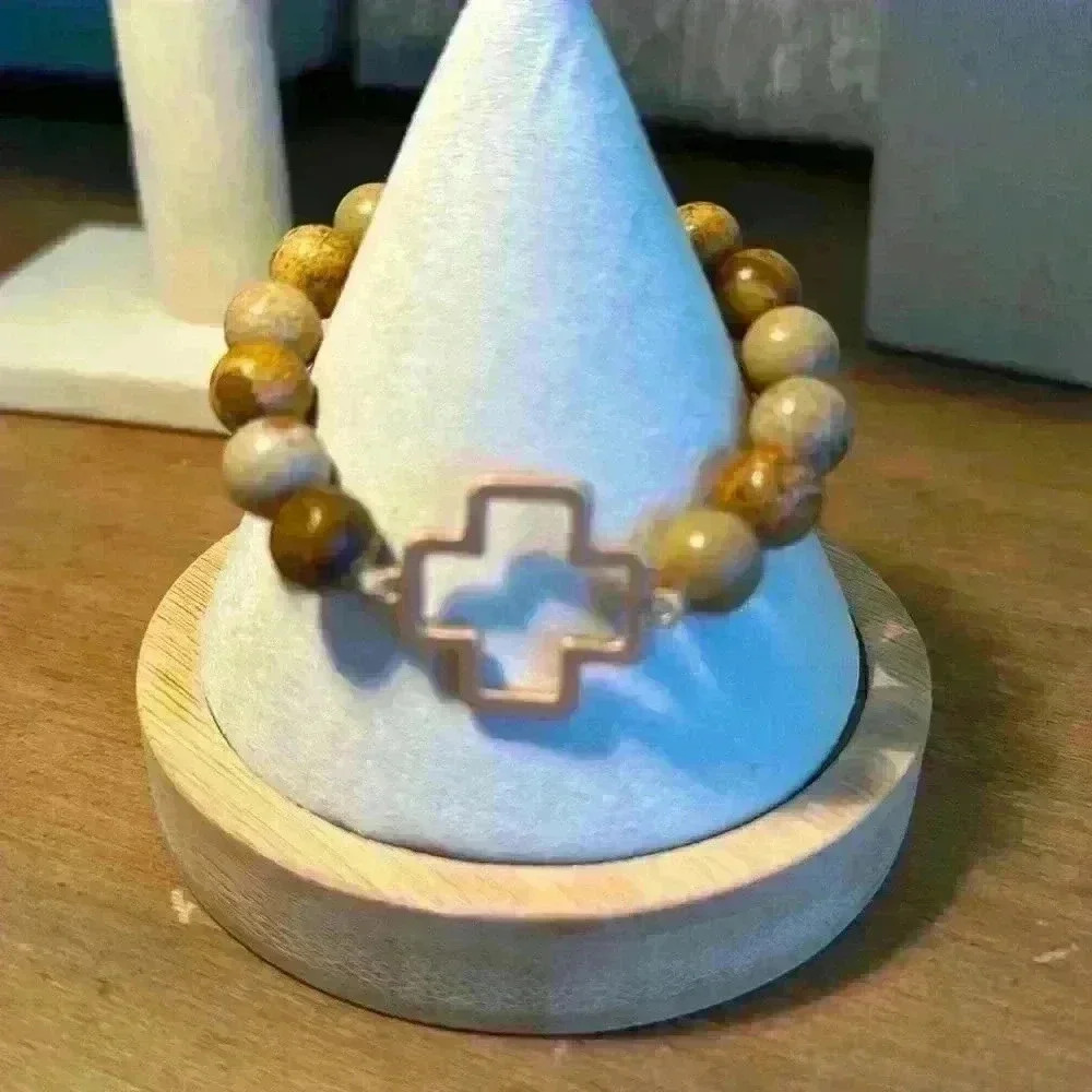 Vintage Stone Beaded Metal Cross Stretch Bracelet